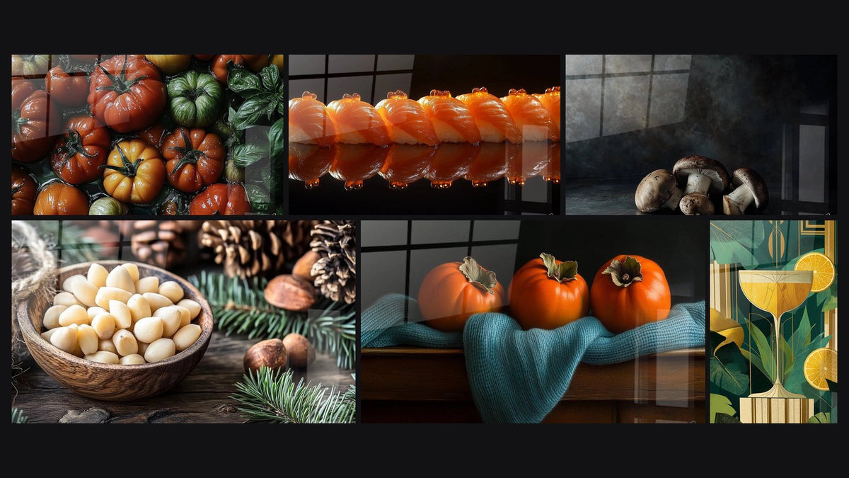Mosaïque de six tableaux, dont Tomate N°1, Sushi N°2 et Pignon N°1