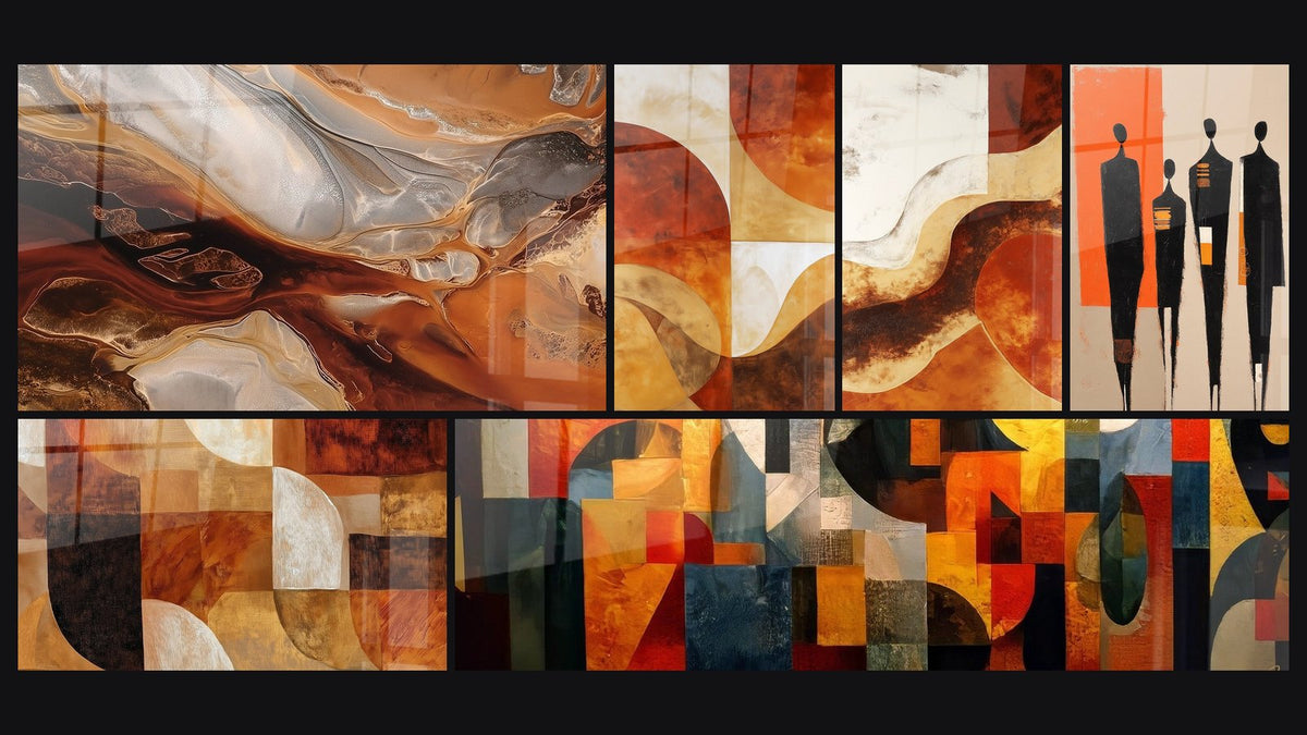 Mosaïque de six tableaux, dont Tourbillons Ocre et Terre de Sienne et Formes Géométriques Ocre et Terre Brûlée