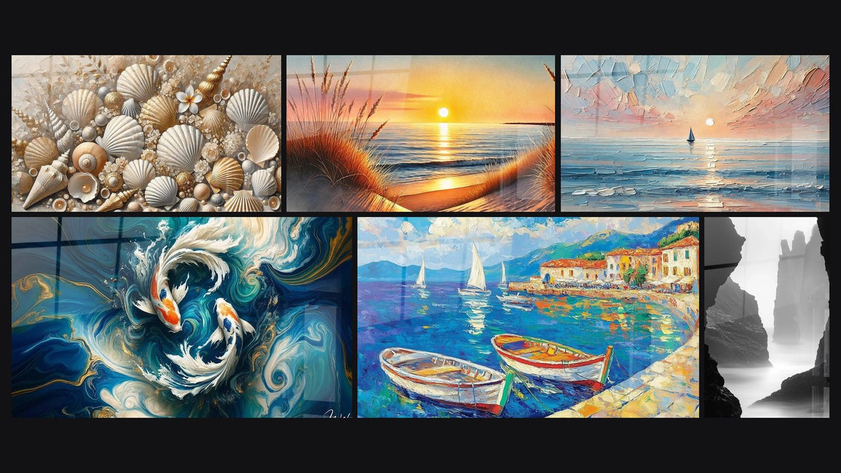 Mosaïque de six tableaux, dont Joyaux des Sables, Quand le Jour S’endort et Voyage au Crépuscule