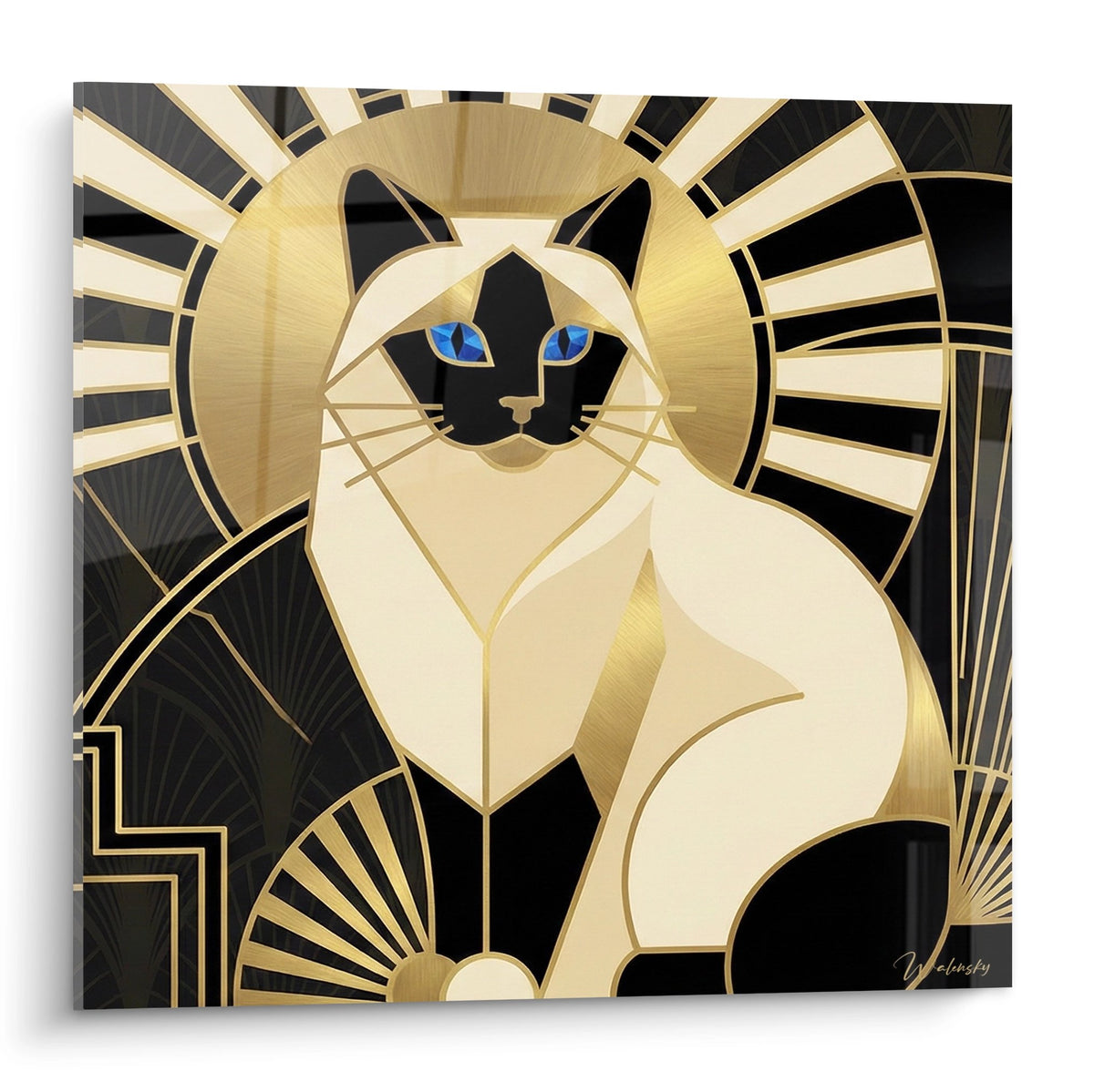 Tableau art déco représentant un chat birman stylisé aux yeux bleus sur fond géométrique doré et noir