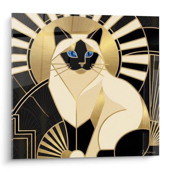 Tableau art déco représentant un chat birman stylisé aux yeux bleus sur fond géométrique doré et noir