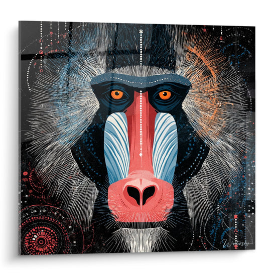 Tableau mandrill mystique aux couleurs vives avec halo lumineux sur fond noir - art africain contemporain