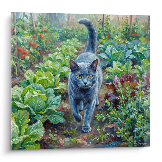 Tableau artistique chat Chartreux aux yeux dores marchant dans potager avec tomates et legumes verts