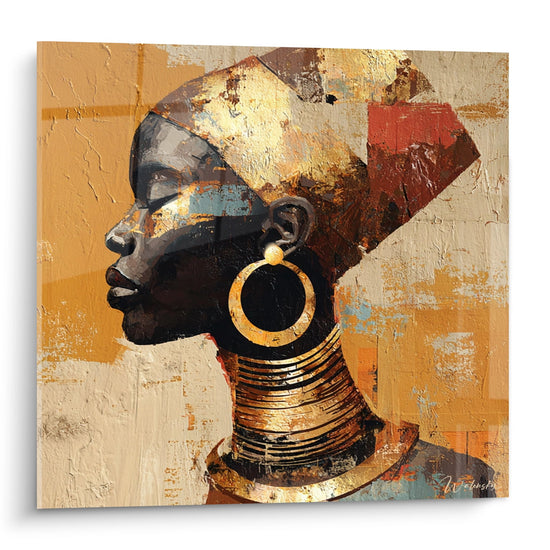Tableau portrait femme africaine profil bijoux dores peinture murale art contemporain ethnique decoration