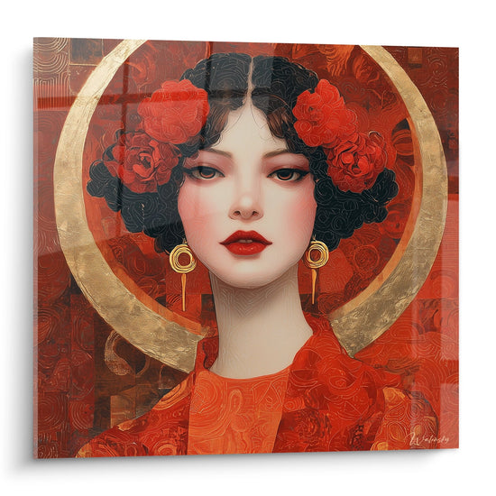 Tableau art déco femme élégante roses rouges cheveux noirs auréole dorée décoration murale vintage