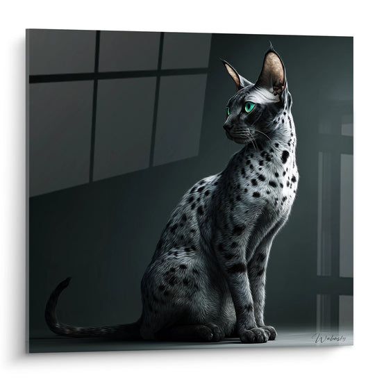 Tableau artistique d'un chat Egyptian Mau gris tacheté aux yeux verts dans un intérieur moderne