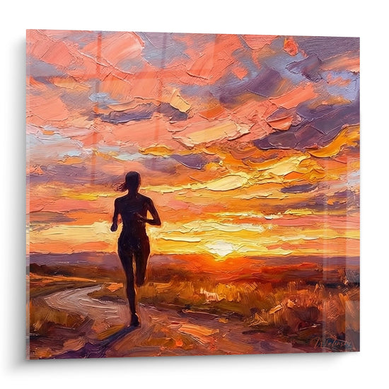 Tableau peinture coureur silhouette coucher soleil orange running art mural decoration sport