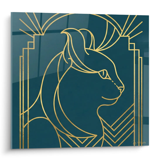 Tableau mural chat art deco dore sur fond bleu, style geometrique elegant pour decoration interieure moderne