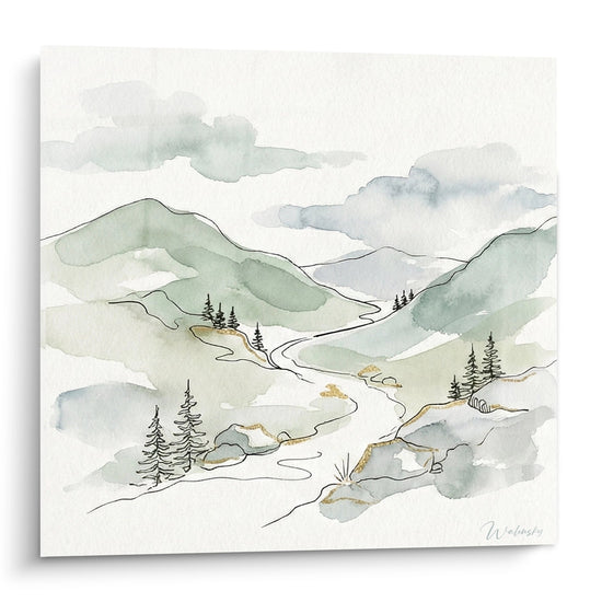 Aquarelle représentant une vallée alpine de Savoie avec montagnes, sapins et sentier sinueux dans tons pastel