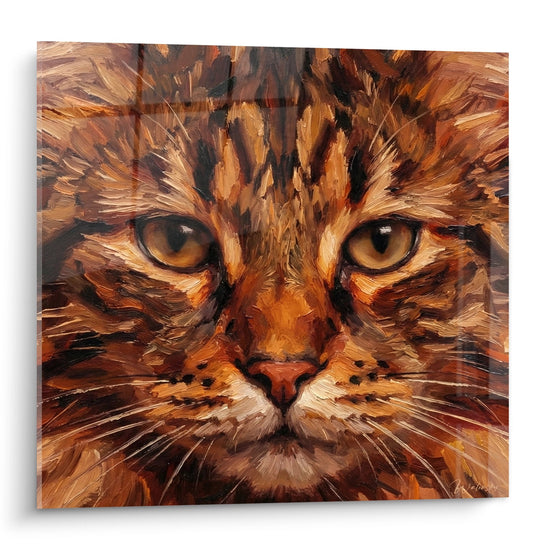 Portrait artistique d'un chat roux American Bobtail aux yeux dores, peinture murale feline