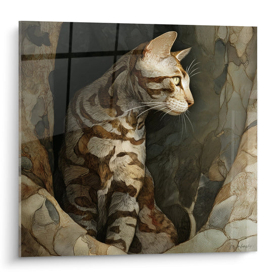 Tableau artistique représentant un chat Sokoke aux rayures brunes en position contemplative sur fond neutre
