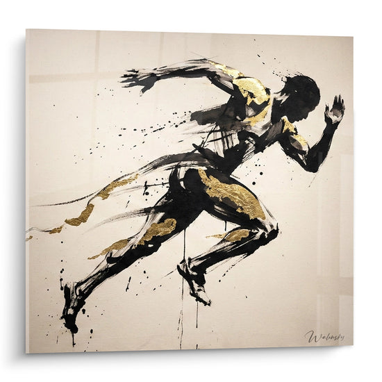 Tableau moderne representant un coureur en sprint avec technique gestuelle noir et or sur fond beige