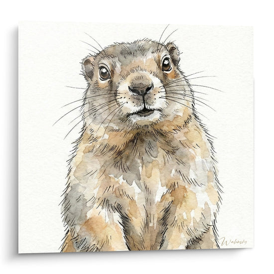 Tableau aquarelle d'une marmotte des Alpes aux tons naturels, portrait animalier style savoyard pour decoration