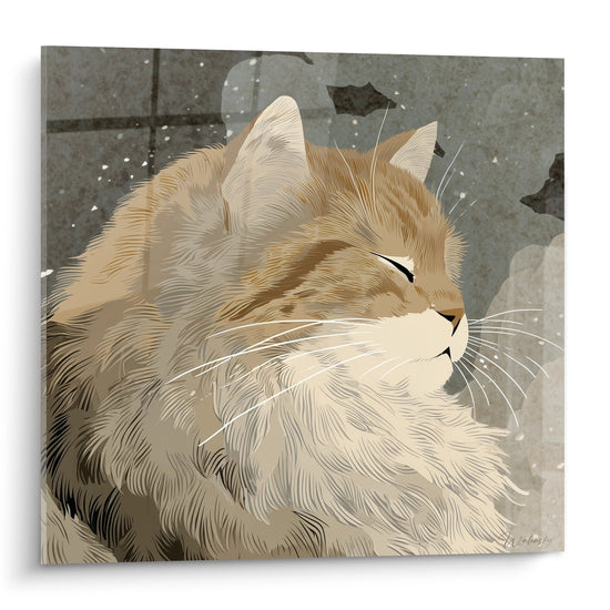 Tableau art mural représentant un chat sibérien contemplatif de profil avec fourrure dorée sur fond hivernal avec flocons