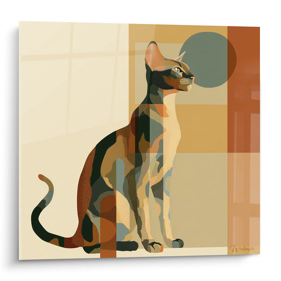 Tableau mural moderne représentant un chat géométrique aux couleurs chaudes ocre et orange sur fond beige