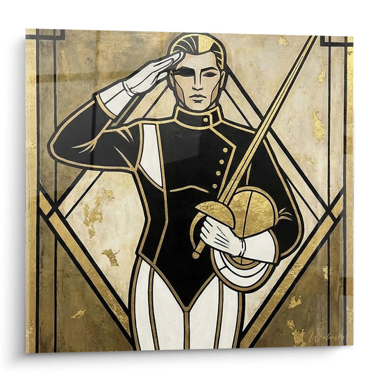 Tableau Art Déco représentant un escrimeur en tenue noire et dorée effectuant un salut, tenant masque et épée