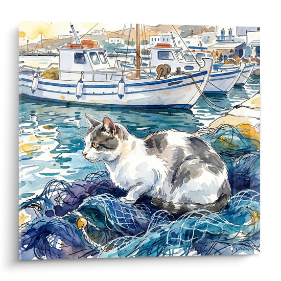 Aquarelle d'un chat European Shorthair gris et blanc reposant sur des filets bleus dans un port de peche