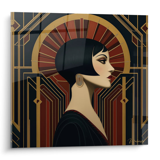 Tableau Art déco femme élégante avec halo doré et motifs géométriques, style années 1920 pour décoration murale