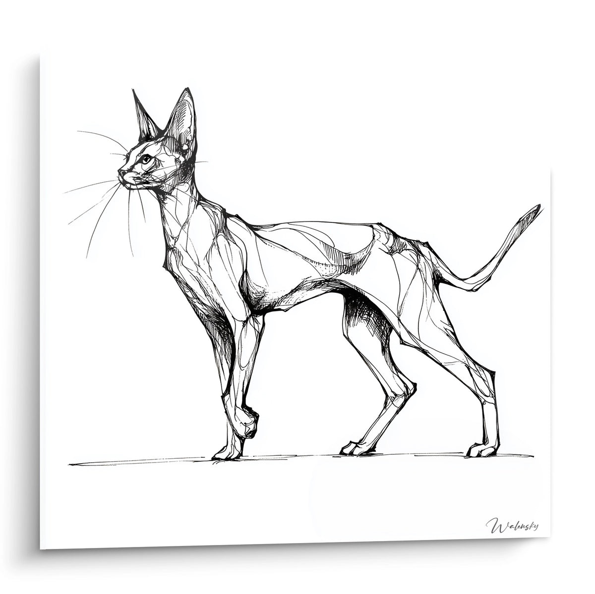 Esquisse artistique chat Serengeti noir et blanc en mouvement, dessin au trait elegant pour decoration murale