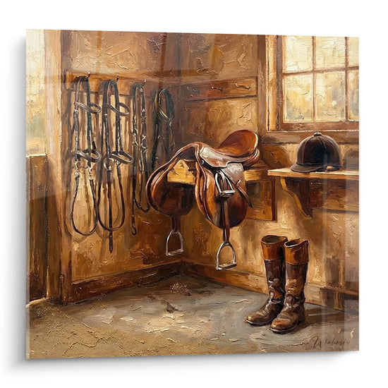 Tableau sellerie équestre avec selles en cuir, brides et équipements dans un tack room traditionnel baigné de lumière