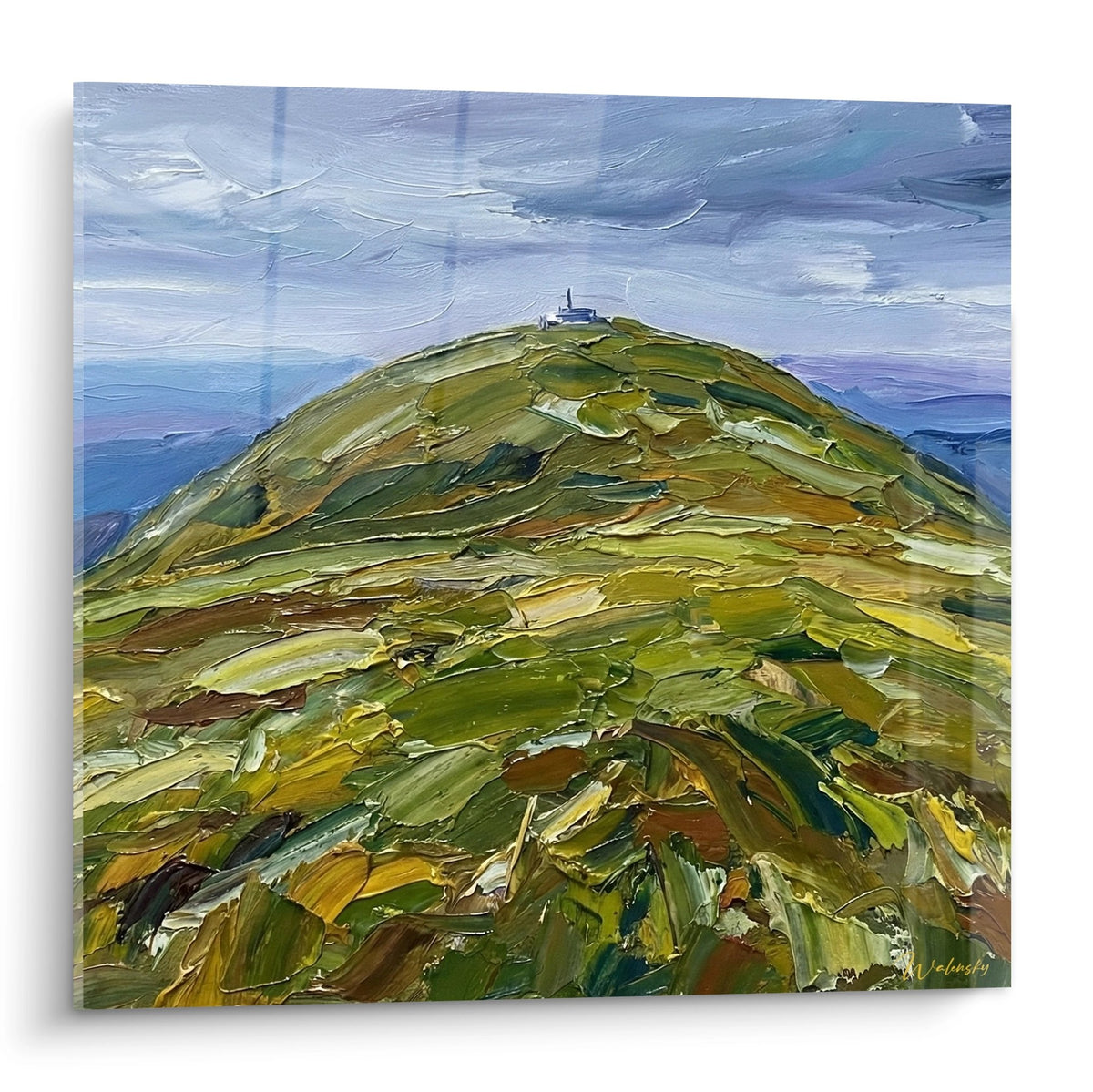 Tableau paysage montagnard alsacien avec colline verte aux tons ocres sous ciel bleu, peinture a l'huile empâtée