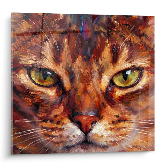 Tableau portrait chat roux aux yeux verts perçants, peinture expressive style contemporain decoration murale feline