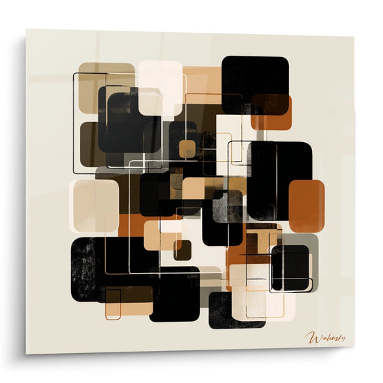 Tableau moderne aux formes geometriques abstraites tons terre et noir sur fond beige style africain contemporain