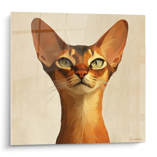 Tableau mural portrait artistique chat abyssin aux yeux dorés sur fond beige style contemporain