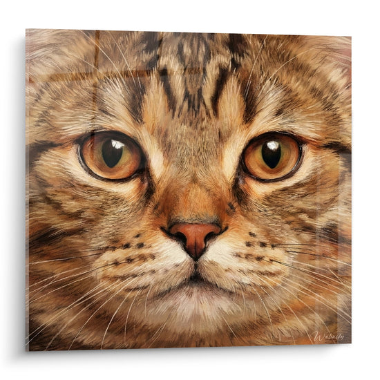 Portrait realiste chat American Shorthair aux yeux ambres dores, tableau art mural decoration feline hyperrealiste