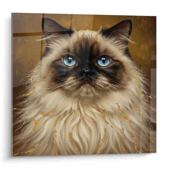 Tableau portrait chat himalayen aux yeux bleus avec fourrure doree sur fond chaud art felin decoratif