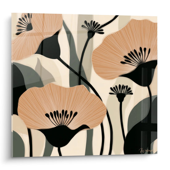 Tableau art deco fleurs abstraites corail et noir, decoration murale moderne style parisien elegant