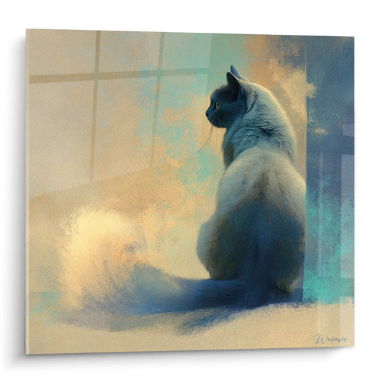 Tableau art mural chat American Bobtail assis devant fenetre lumiere doree ambiance contemplative decoration feline