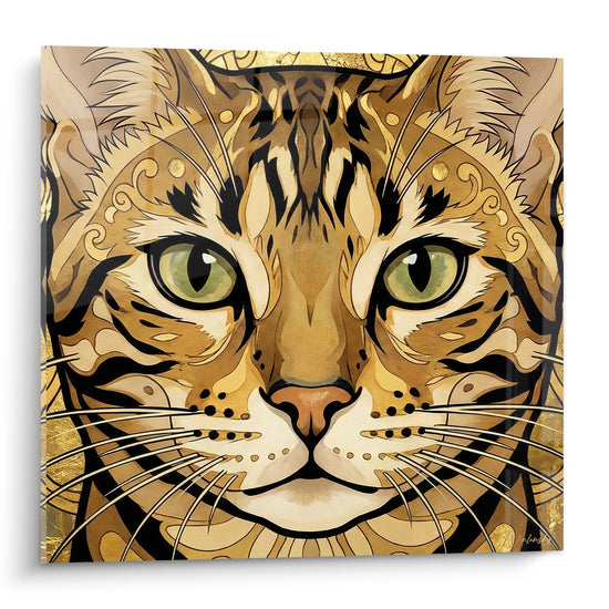 Tableau artistique chat Bengal aux tons dores avec yeux verts et motifs ornementaux decoratifs