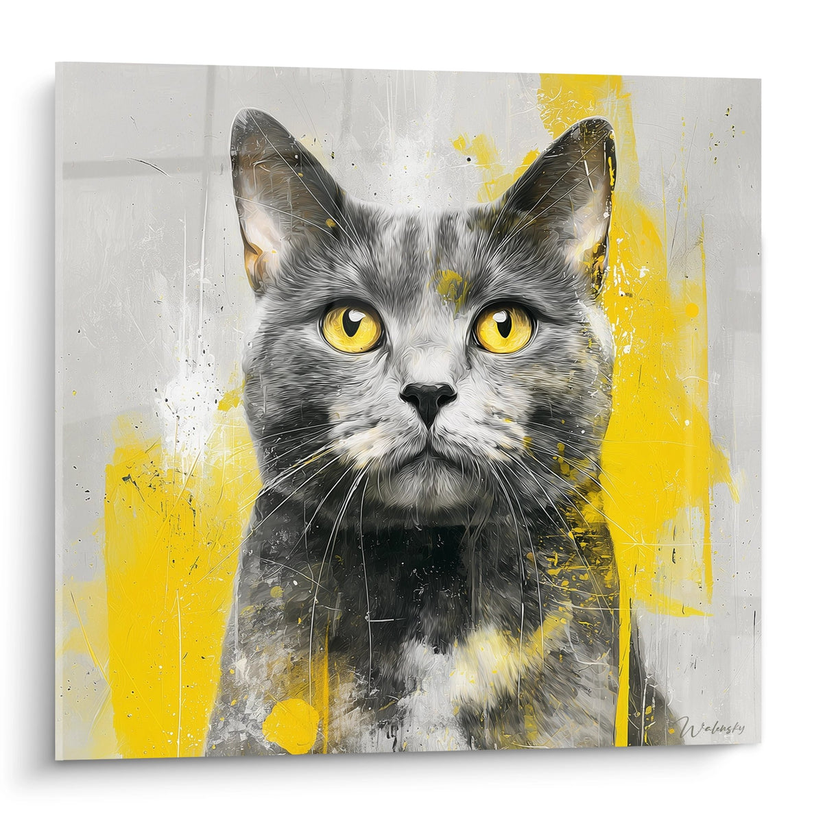 Tableau moderne chat American Shorthair gris aux yeux dores sur fond abstrait jaune et gris