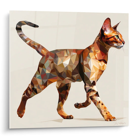 Tableau mural chat polygonal art géométrique tons orange et roux sur fond beige style low poly moderne