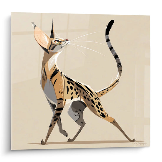 Tableau moderne représentant un chat Savannah stylisé aux motifs tachetés sur fond beige neutre