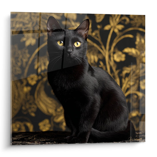 Tableau chat Bombay noir aux yeux dorés avec noeud papillon sur fond décoratif doré