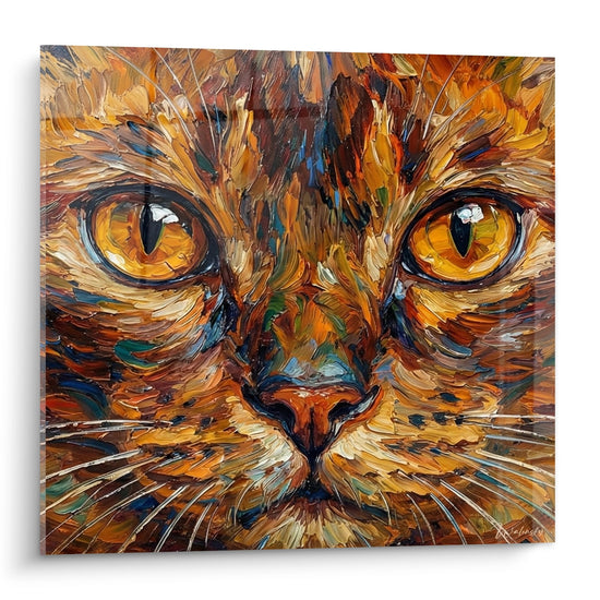 Tableau peinture expressionniste chat Burmese aux yeux ambrés hypnotiques, style artistique coloré