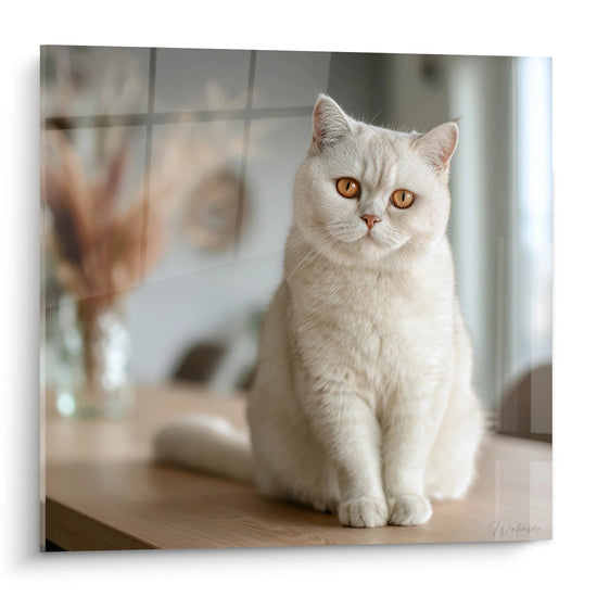 Tableau chat British Shorthair creme aux yeux dores assis dans cuisine moderne, decoration murale feline elegante