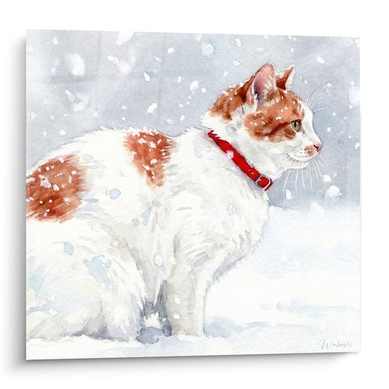 Tableau Chat Japanese Bobtail dans la Neige - Aquarelle Hivernale - Edition chat Japanese Bobtail
