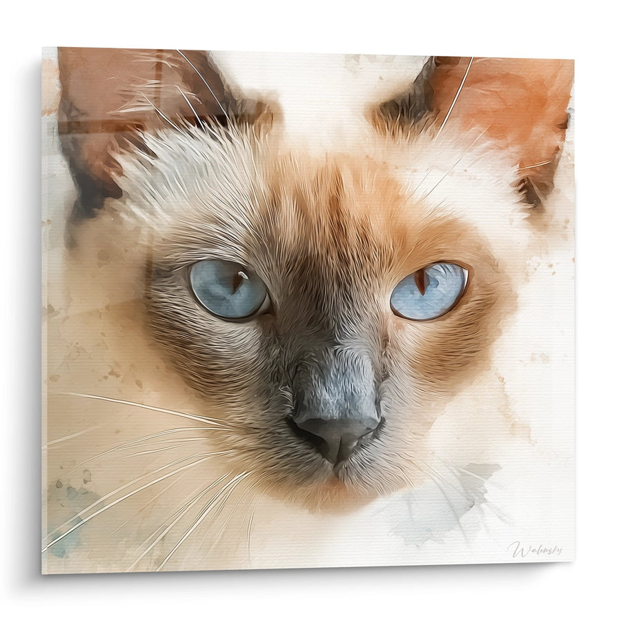 Tableau Chat Siamois aux Yeux Bleus - Portrait Aquarelle Moderne - Edition chat Burmese