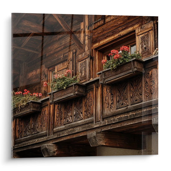 Tableau chalet savoyard avec balcons sculptés en bois et géraniums rouges, architecture alpine traditionnelle