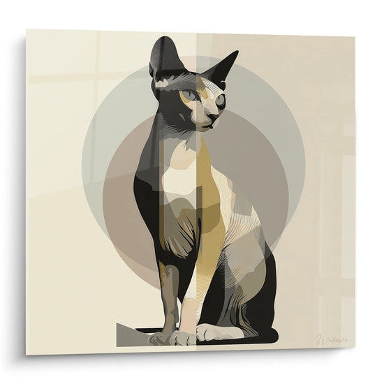 Tableau moderne chat Sphynx géométrique aux tons beiges et ocres avec cercle décoratif arrière-plan