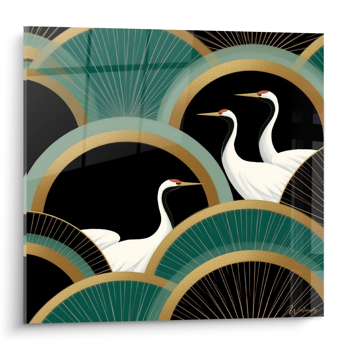 Tableau art deco avec trois grues blanches elegantes sur motifs geometriques dores et verts