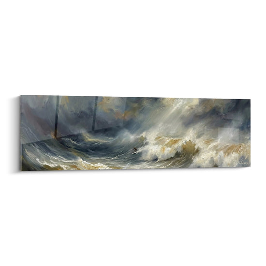 Tableau tempête en mer avec vagues déchaînées et navire dans la tourmente, style maritime dramatique