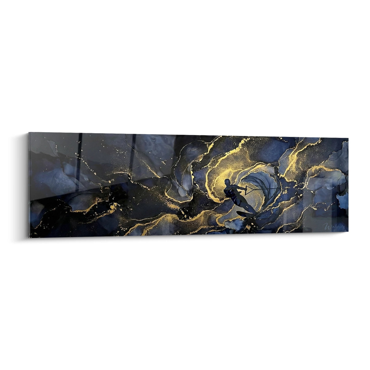 Tableau abstrait panoramique aux tons bleus et dorés évoquant les vagues de l'océan - Edition ski nautique