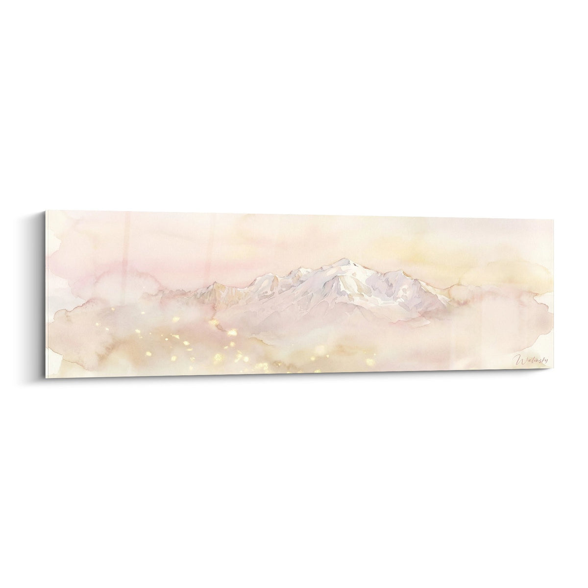Tableau aquarelle Mont Blanc tons dores et roses avec nuages vaporeux decoration murale premium