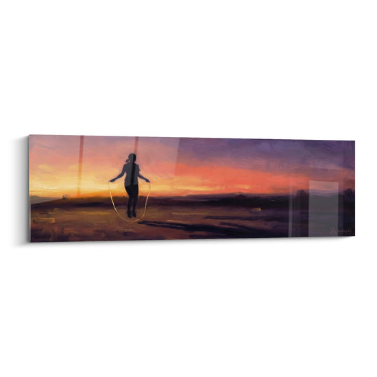 Tableau mural silhouette femme corde à sauter coucher de soleil paysage crépusculaire format panoramique
