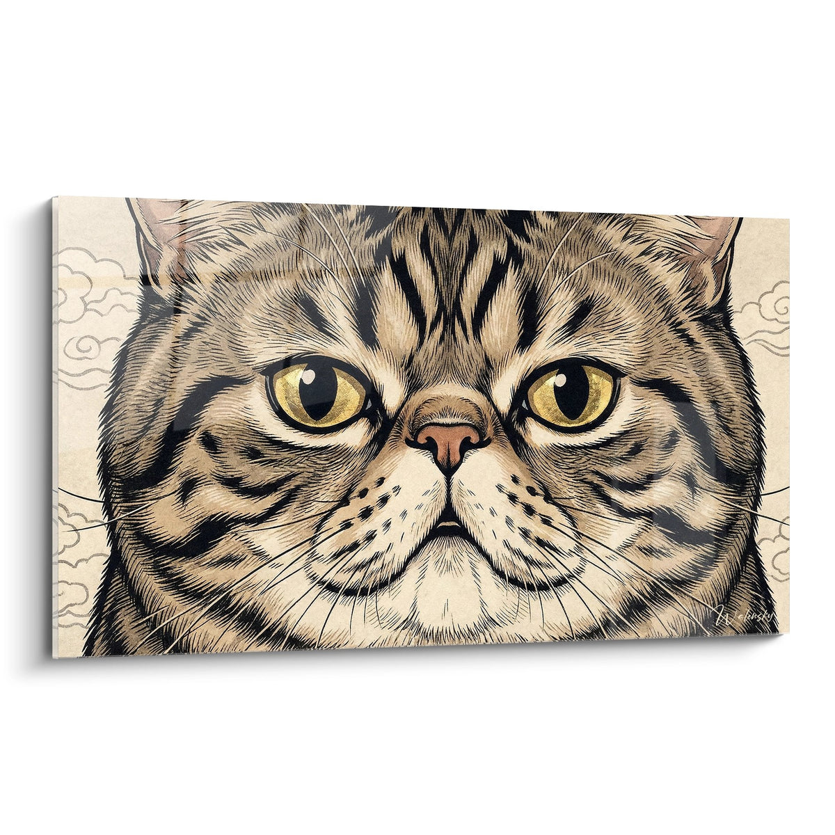 Portrait artistique chat Exotic Shorthair aux yeux dores sur toile murale decoration feline contemporaine