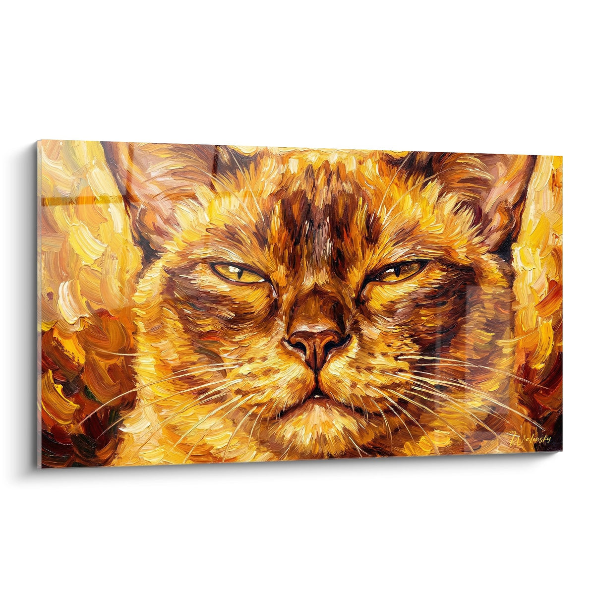 Tableau artistique d'un chat Burmese aux tons dorés avec regard intense et fourrure texturée